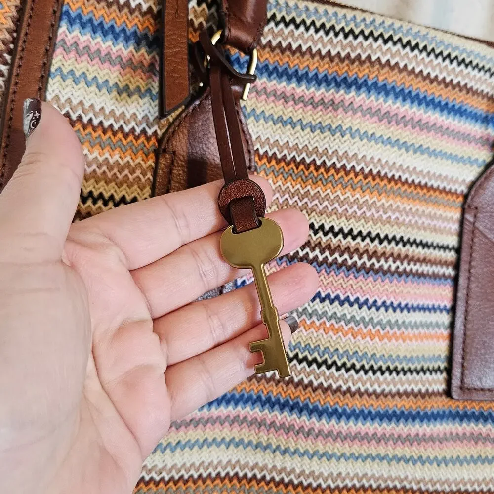 Fossil Parker Leather Satchel Purse Handbag Zig Zag Colorful Stripes‎ Boho